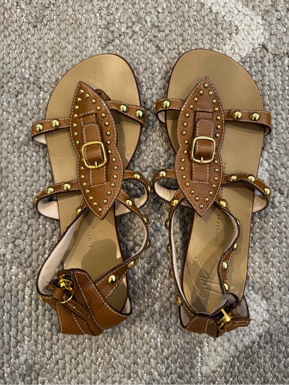 Giuseppe Zanotti Brown Studded Leather Flat Gladiator Sandals Gold Hardware S 36